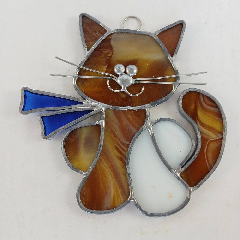 Stained Glass Window Suncatcher Cat Brown White Blue Scarf Hanging Handmade